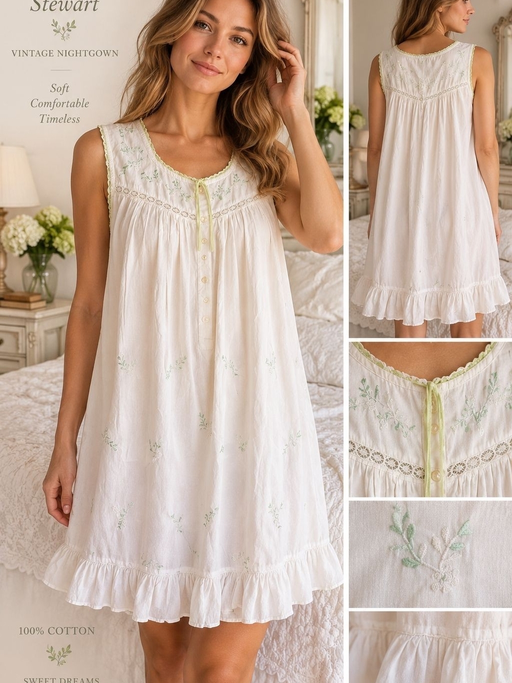 NWT Vintage Amanda Stewart Nightgown Size L 100% Cotton Embroidered Cottagecore